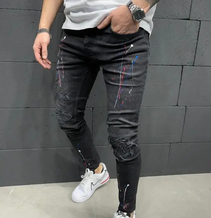 Men's distressed printed jeans hip hop streetwear spray paint denim pant stretch small leg jeans