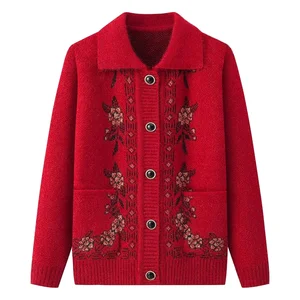 New Arrival Casual Single Breasted Button Winter Coat for Elderly Women Spring Autumn Knitted Cardigan
