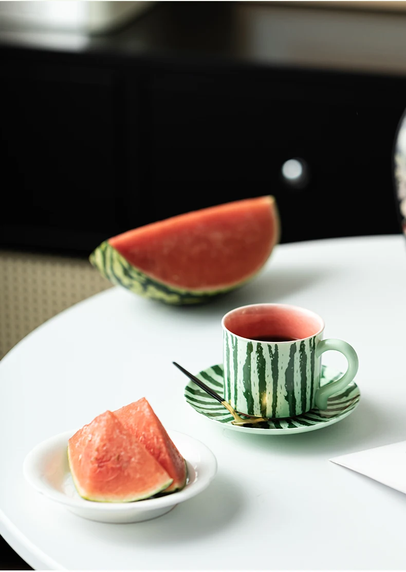 Modern Style Large Ceramic Coffee Cup with Saucer Watermelon-Themed Espresso Breakfast or Milk Tea Cup Stylish Drinkware