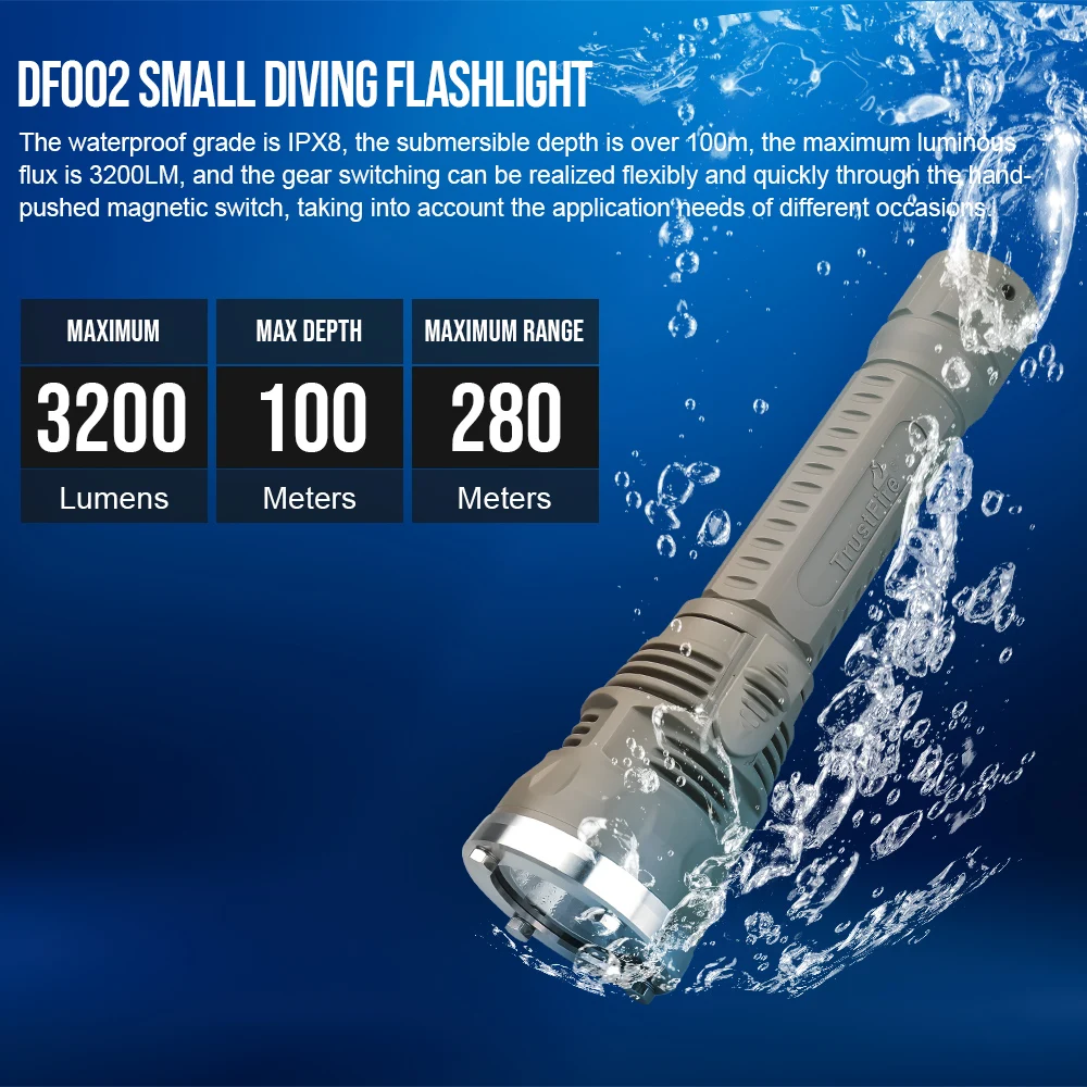 Lampe De Plongée TrustFire DF006 – 2300 Lumens, IPX8 100m, Rechargeable, 3 Modes, Support Main – Pour Plongée, Grotte, Camping
