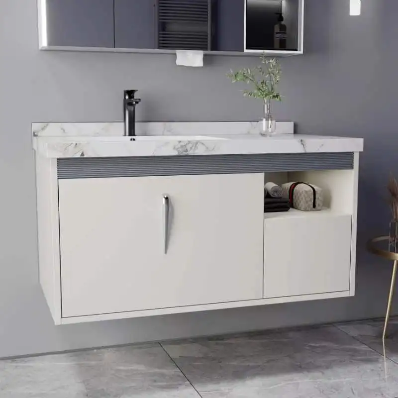 Modern floating wall mounted artificial stone countertop single sink bathroom vanity with smart mirror cabinet supplier