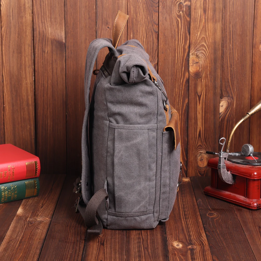 Custom Canvas Backpack with Leather Trim Travel Vintage Laptop Backpack for Student