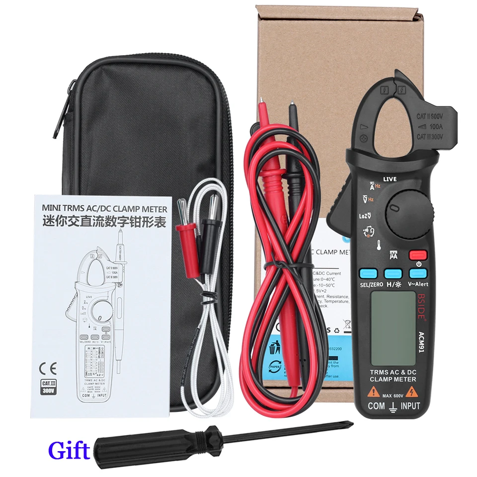 Bside ACM91 Auto Range AC DC uA Ohm Capacitance Temperature V-alert MEAS Digital Clamp Meter with True RMS FCC CE RoHS