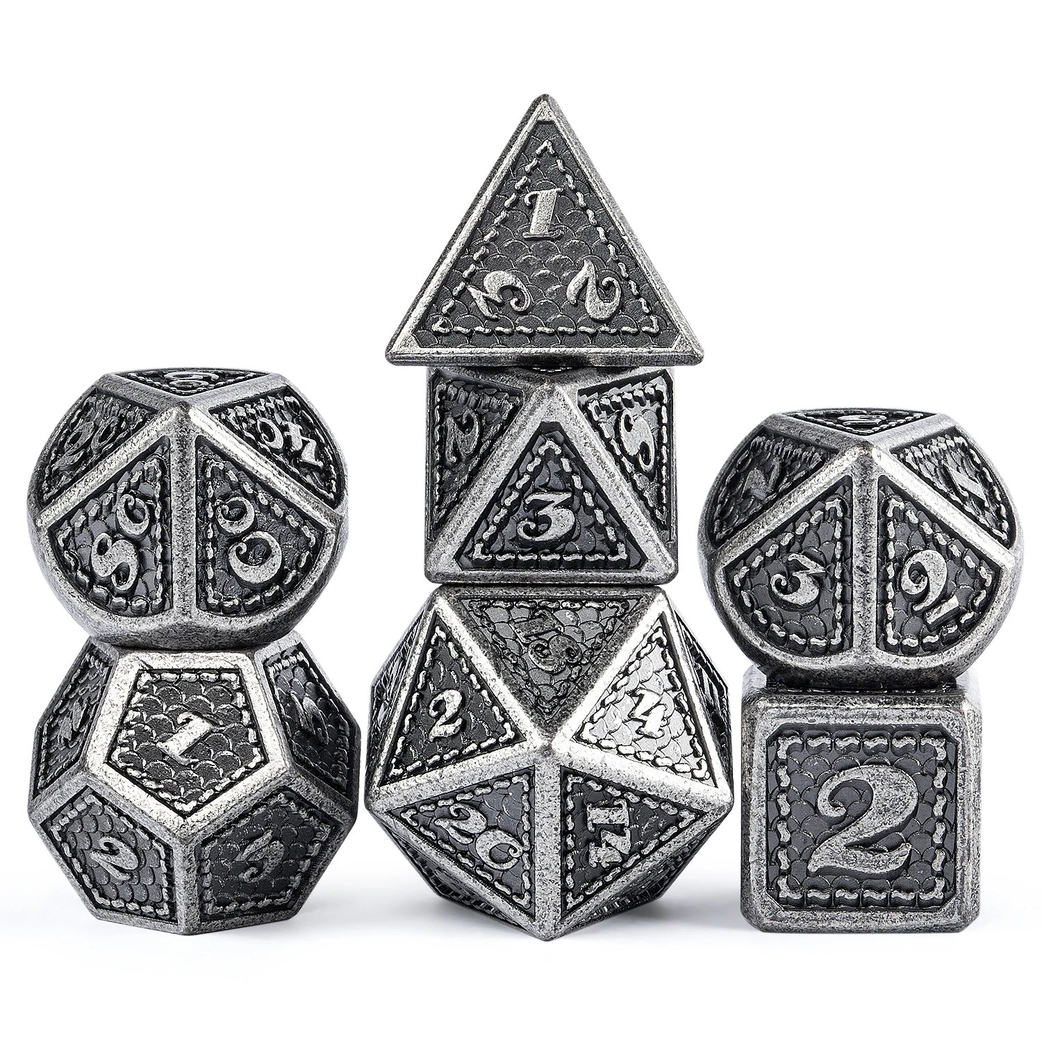 Ancient Silver edge  7 Pieces Polyhedral Metallic Die  Dungeons and Dragons D&D   Dragon Scale Metal Dice Set