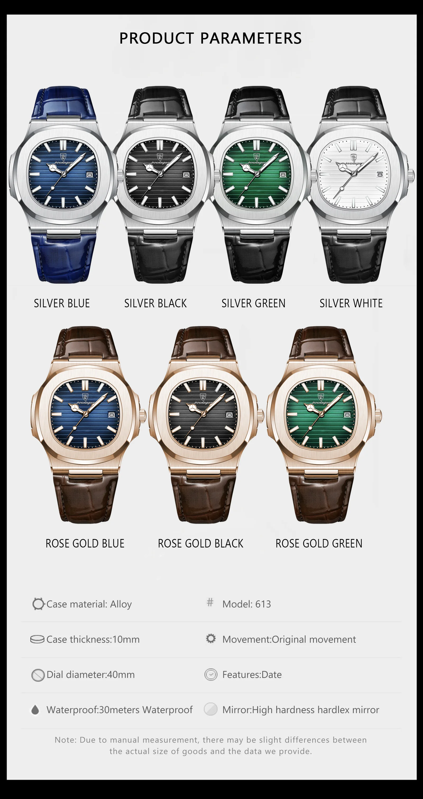 POEDAGAR 613 Brand Fashion Square Dial Watch for Men Luxury Casual Watch Stainless Steel Calendar Luminous Waterproof Male Clock