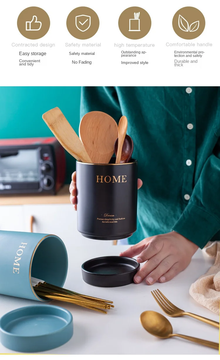 Home Goods Matte Glazed Table Gold Rim Ceramic Chopsticks Spoon And Fork Cutlery Holder