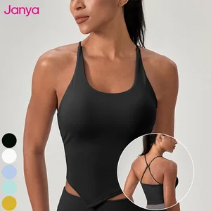 Janya Women Solid Color Yoga Sports Top Cross Back Removable Pads Breathable U Neck Sleeveless Running Workout Yoga Tank Top
