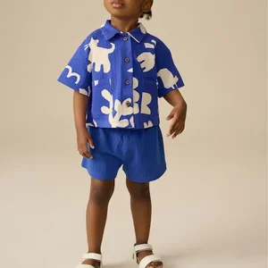 Summer Two-Piece Set for Kids New Style Plaid Printed Full Shirt and Short Sleeve Shorts Outfit for Baby Clothes