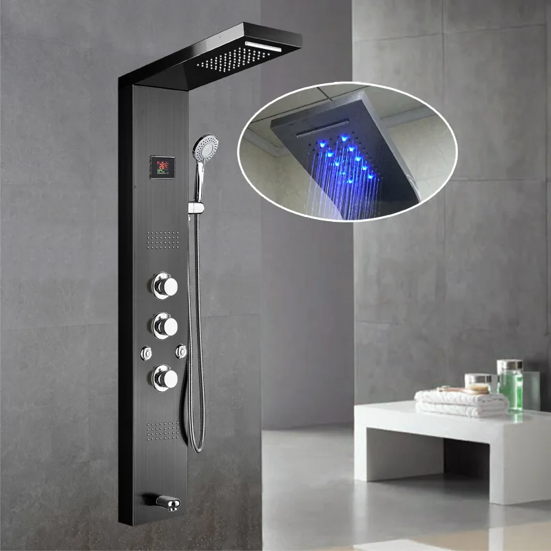 Shower Panel Waterfall Shower Column Set Tower Massage Body Jets Led Shower Wall Panels Bathroom Wall Mounted Stainless Steel