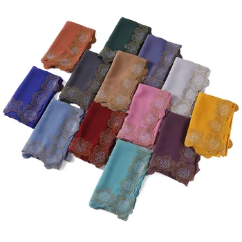 2025 New Generation 90*90 cm Pearl Chiffon Malay Square Cut Flower Drilled Pleated Muslim Breathable Quick Dry Solid Color Shawl