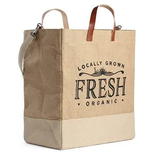 Eco Friendly Burlap Tote Shopping Grocery Jute Bag With Leather Handle
