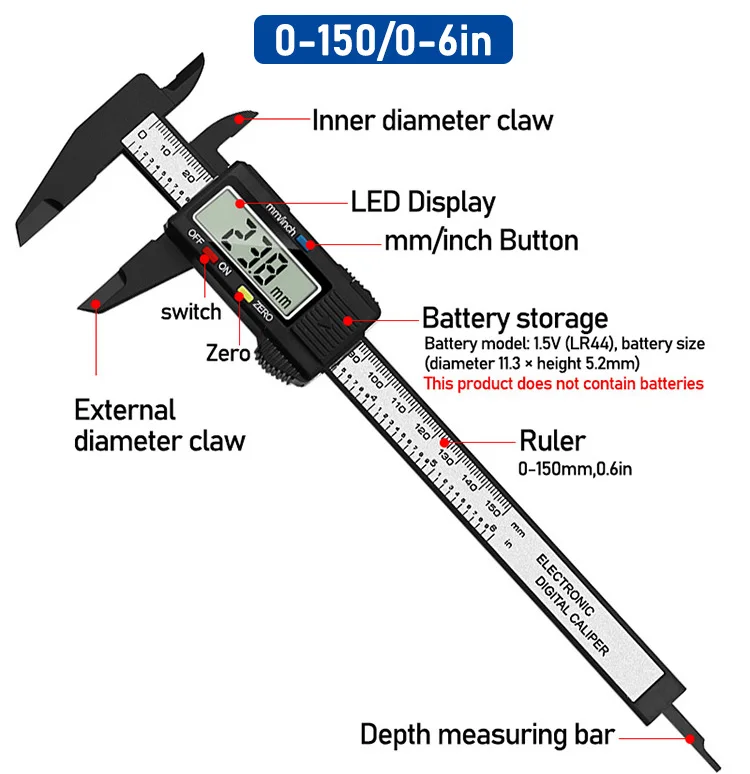 6inch 150mm Electronic Digital Caliper Ruler Carbon Fiber Vernier Depth Gauge 