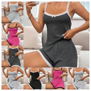 New Women's Casual Pajamas Set Shorts Sleeveless Homestays Front Slit Summer Pajamas Women