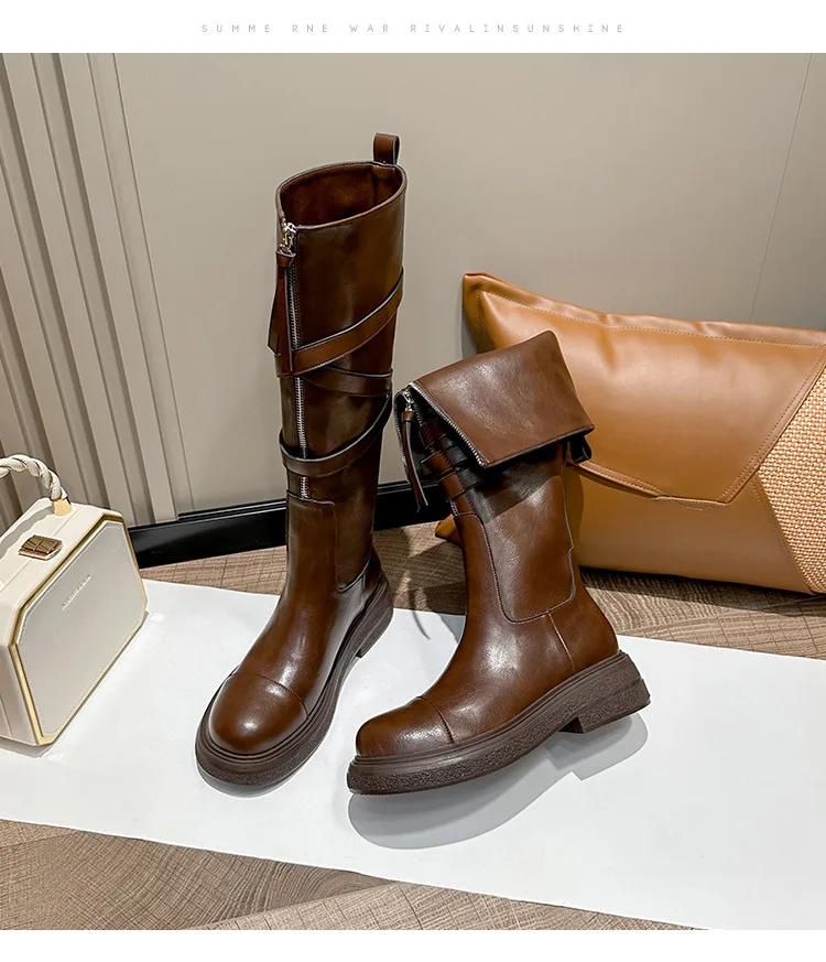 Stivali Alti al Ginocchio da Donna con Cerniera,Stivali Lunghi al Polpaccio Largo da Motocicletta con Lacci Invernali Scarpe da Equitazione con Tacco Basso Piatto (Black 36 EU