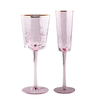 EO Unique Colored Gold Rim Ribbed Goblet Glass Cup Champagne Flute Glassware Pink Wine Glass Set