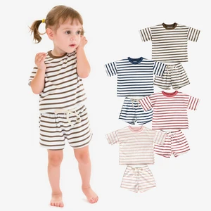 Soft 100%Cotton Toddler Girls' Striped Short-Sleeve & Drawstring Kids Summer Clothe Set for Summer Daily