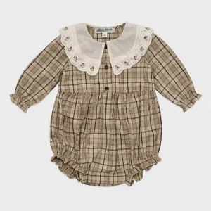 Autumn and Winter 100% Cotton Romper for Baby Girls Khaki Plaid Design