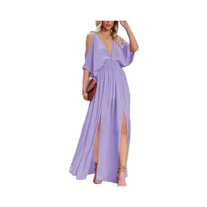 Women's Summer Chiffon Maxi Dress High Waist Split V-Neck Cold Shoulder Short Sleeve Casual Solid Wedding Guest Long Front
