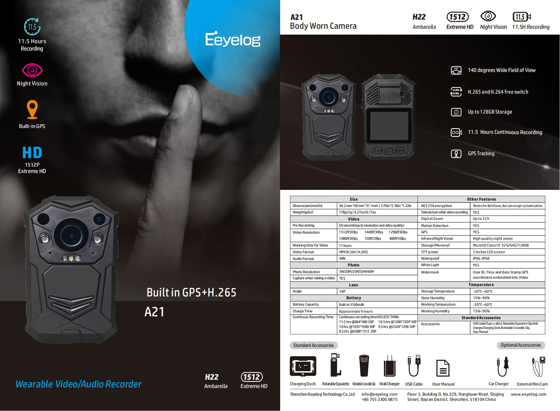 Eeyelog A21 Mini Camera 10 Meters IR Night Vision Body Camera