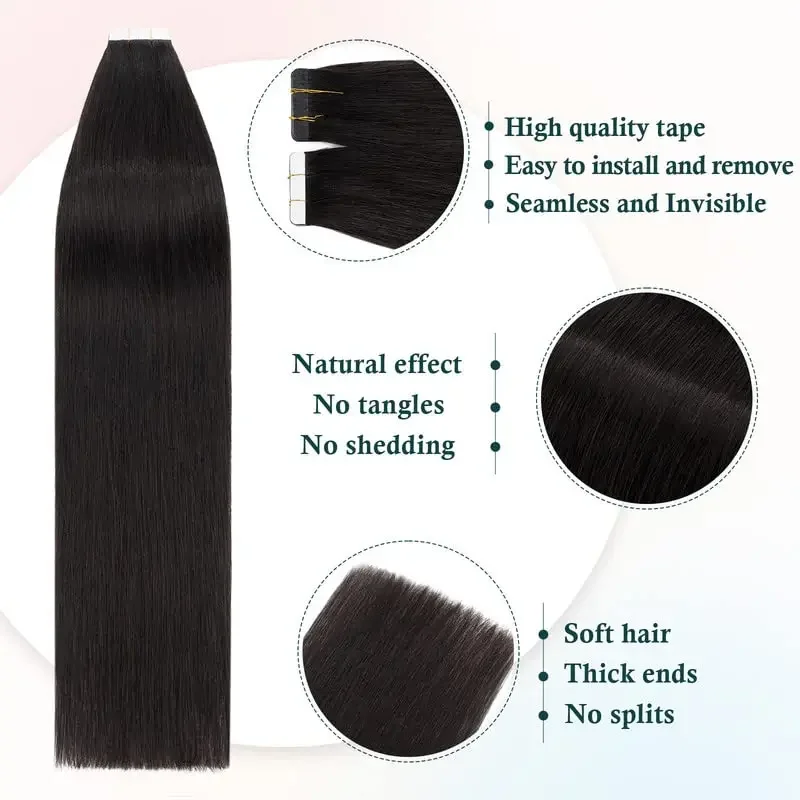 Extension per capelli lisci con nastro adesivo 100% capelli umani Remy, extension per capelli con trama di pelle senza cuciture, capelli neri naturali per donne, nastro adesivo_voghion.com