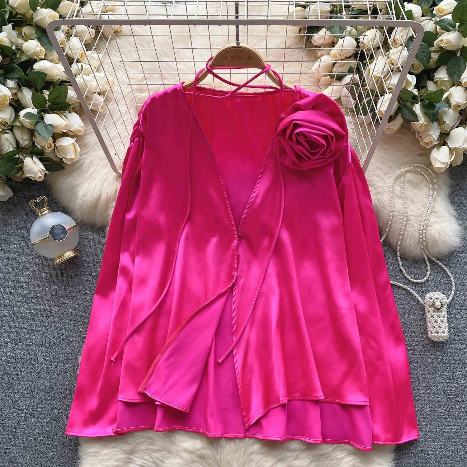 Satin Blouse Women's Autumn V-neck 3D Flower Loose Design Super Fairy Top  Fashion Elegant V-Neck Vintage Floral Shirts