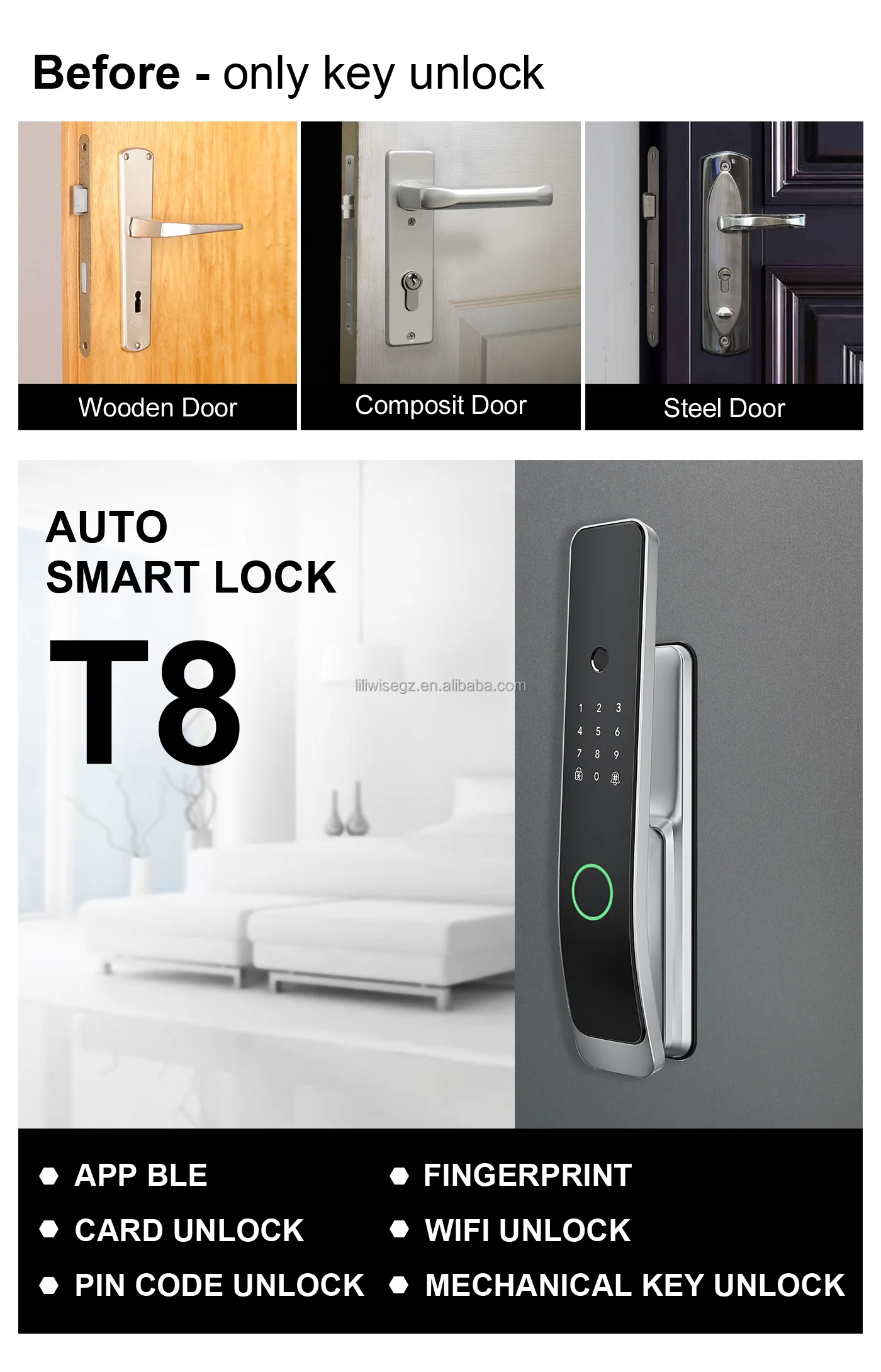 Liliwise High Security Smart Door Lock with Biometric Fingerprint and Tuya WiFi Suitable for 35~60mm Door Thickness