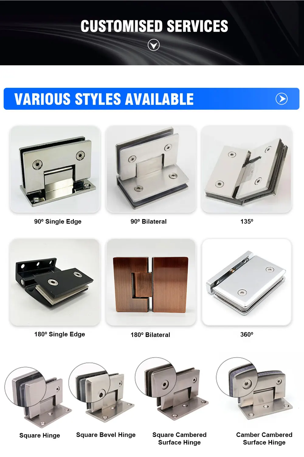 90 Degree Stainless Steel Glass Mount Shower Hinge Curved Glass Door