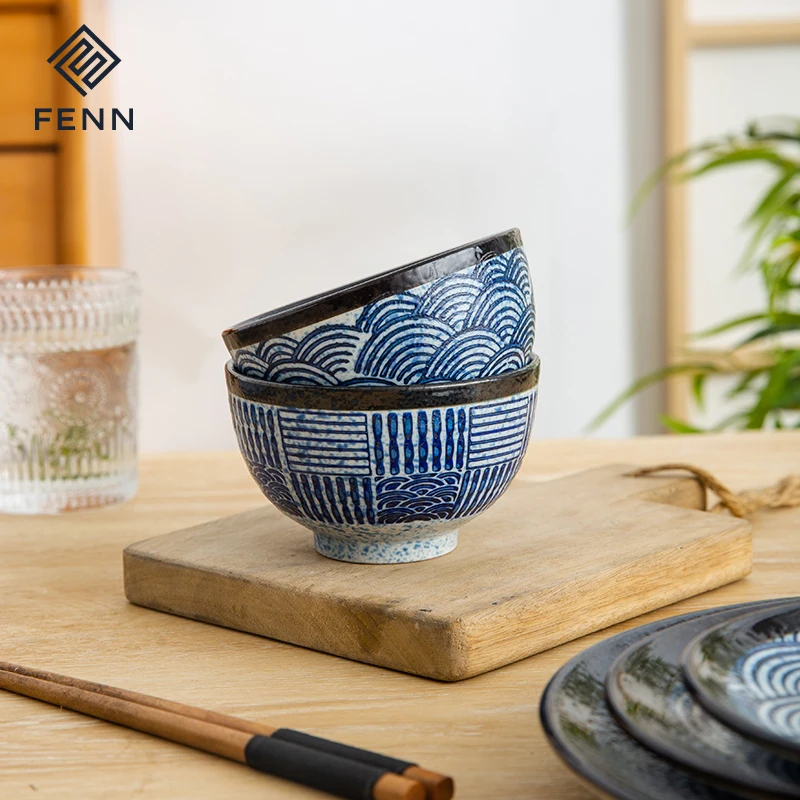 FENN Handpainted Sea Wave 4.5 inch Vintage Japadic Restaurant Ceramic Miso Soup Bowl Set Japanese Rice Bowl