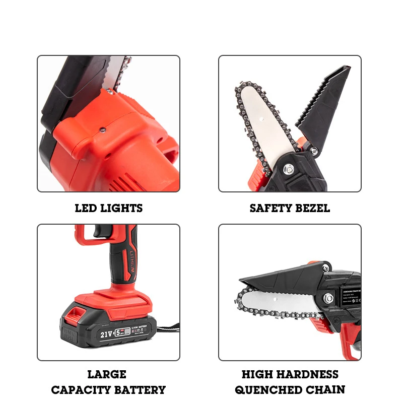 Mini Industrial 21V Cordless Electric Chainsaw with 4-inch Guide Bar for Woodworking and Garden Use