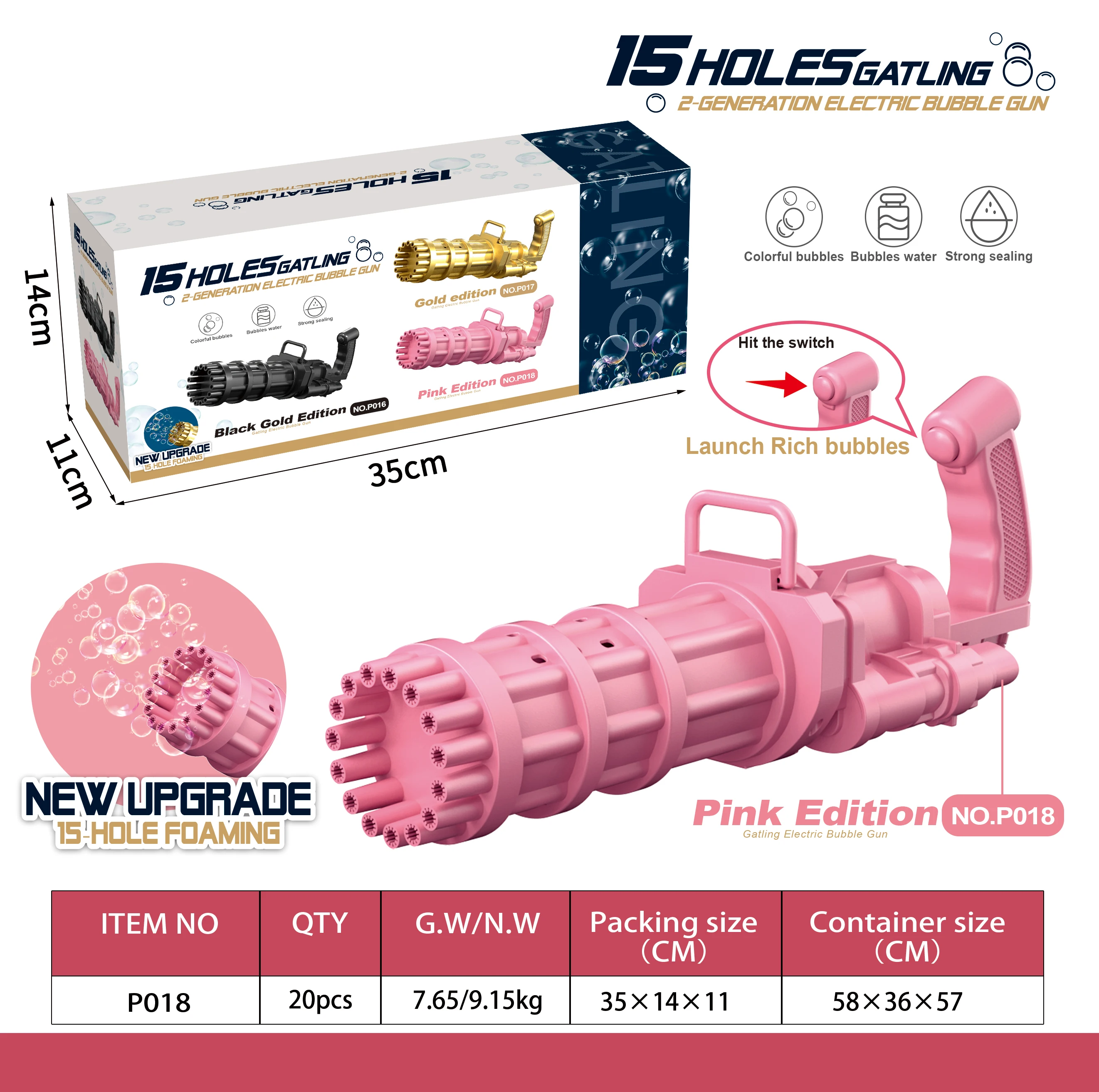 
 Обновление, 15 отверстий, новинка, пузырьковый пистолет Гатлинга, детская пузырьковая машина, уличные игрушки, пистолет Гатлинга  