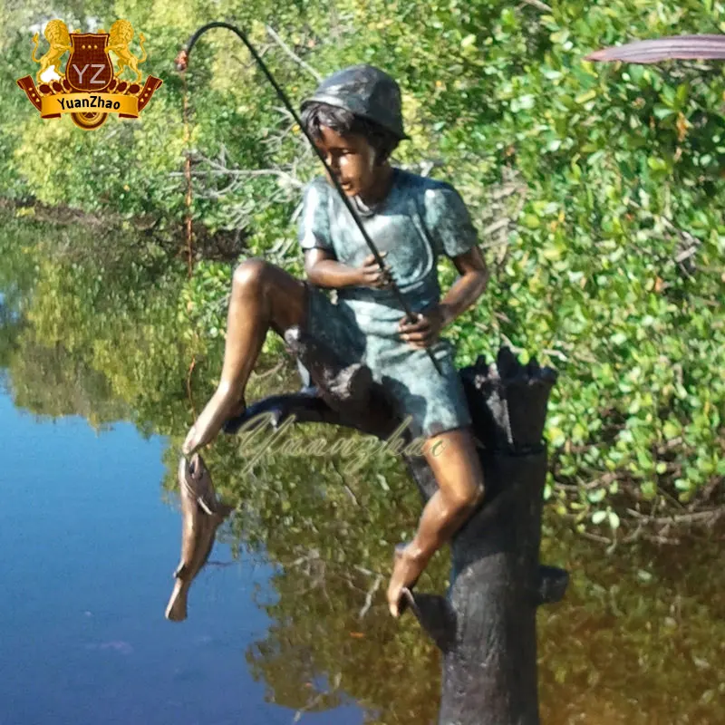 Outdoor Garden Decoration Life Size Vivid Bronze Fishing Boy Statue For