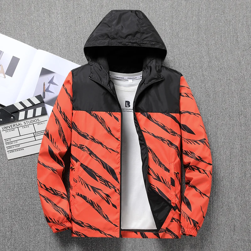 Spring Tiger Stripe Color Block Top, Fashionable Thin Zipper Hooded Men's Windproof Casual Jacket, 100% Polyester, with Pockets