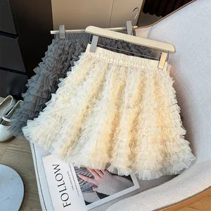 Ballet Style Pleated Mesh Anti-Wrinkle Polyester Puff Women's Autumn High Waist Slimming A-line Layered Cake Skirt