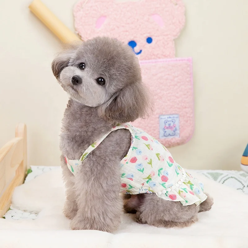 Cherry Flower Pattern Printing Cotton Pet Dog Summer Sling Tutu Skirt Dress for Spring and Fall Seasons