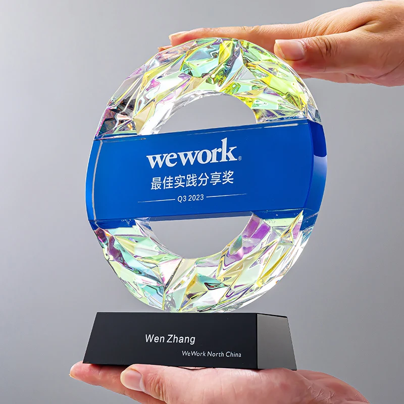 Shining Unique Custom Colorful Round Crystal Trophy with Black Base for Corporate and Sports Awards