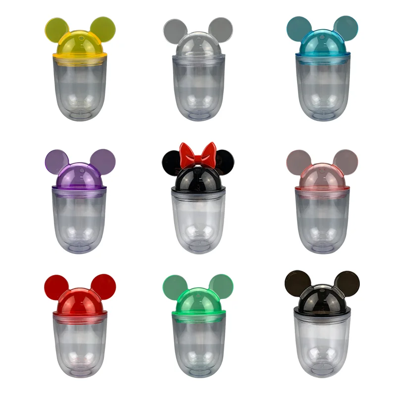 2023 Promotional Gifts Children Cartoon 16 OZ Mouse Ear Shape Dome Lid  Clear Acrylic Plastic Tumbler Cups With Straws