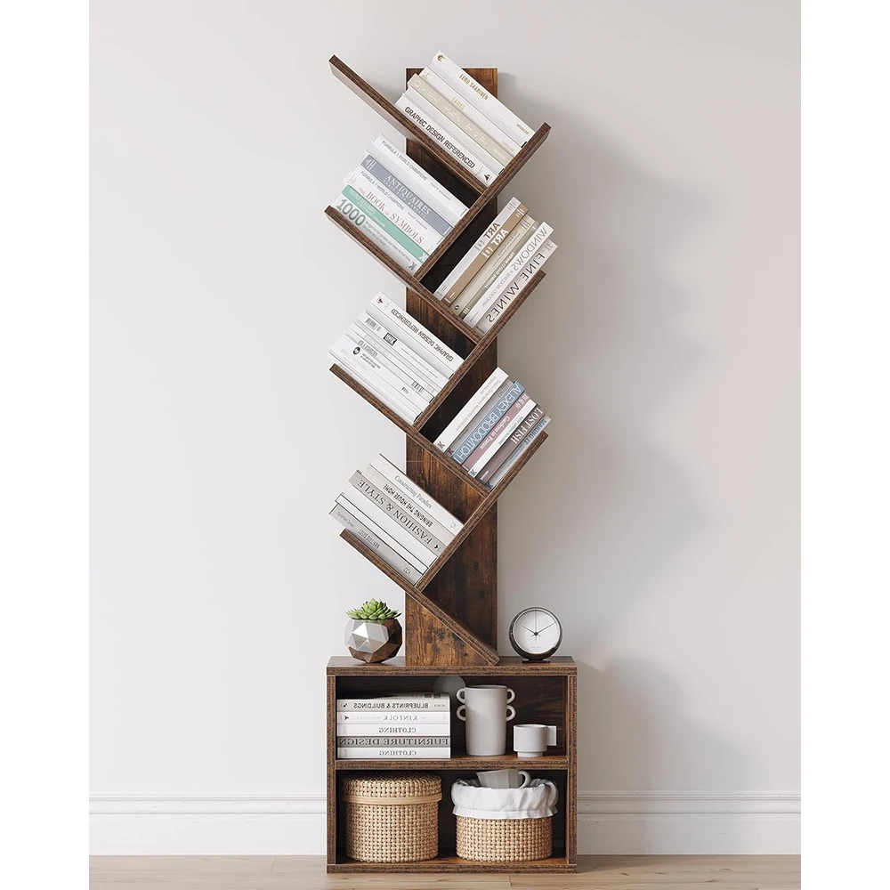 6 Tier Wooden Tree Bookshelf Small Storage Cabinet Modern Tall Narrow Organizer Floor Standing Bedroom/Living Room/Home