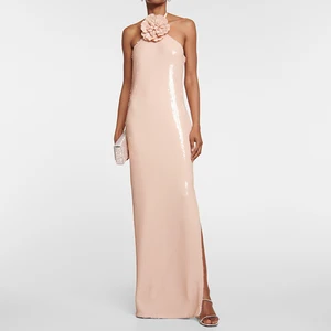 ZYHT 70069 Elegant Sleeveless Pink White Sparking Sequin Halter Neck Evening Dress for Women in Summer Fashion Wholesale