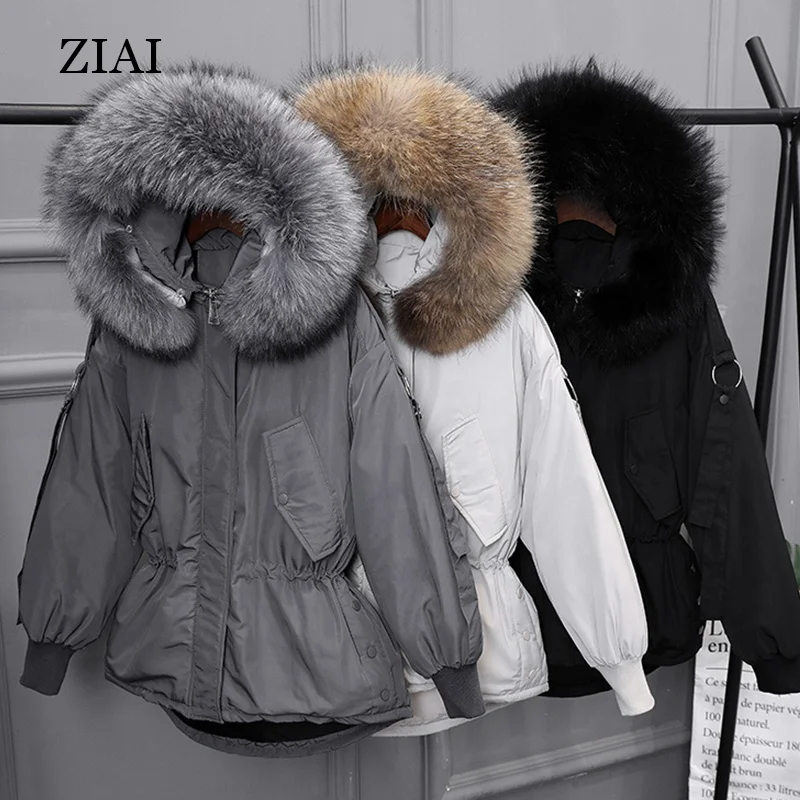 Faux Fur Collar Grey Coat With Big Fur Hood Short Women Bubble