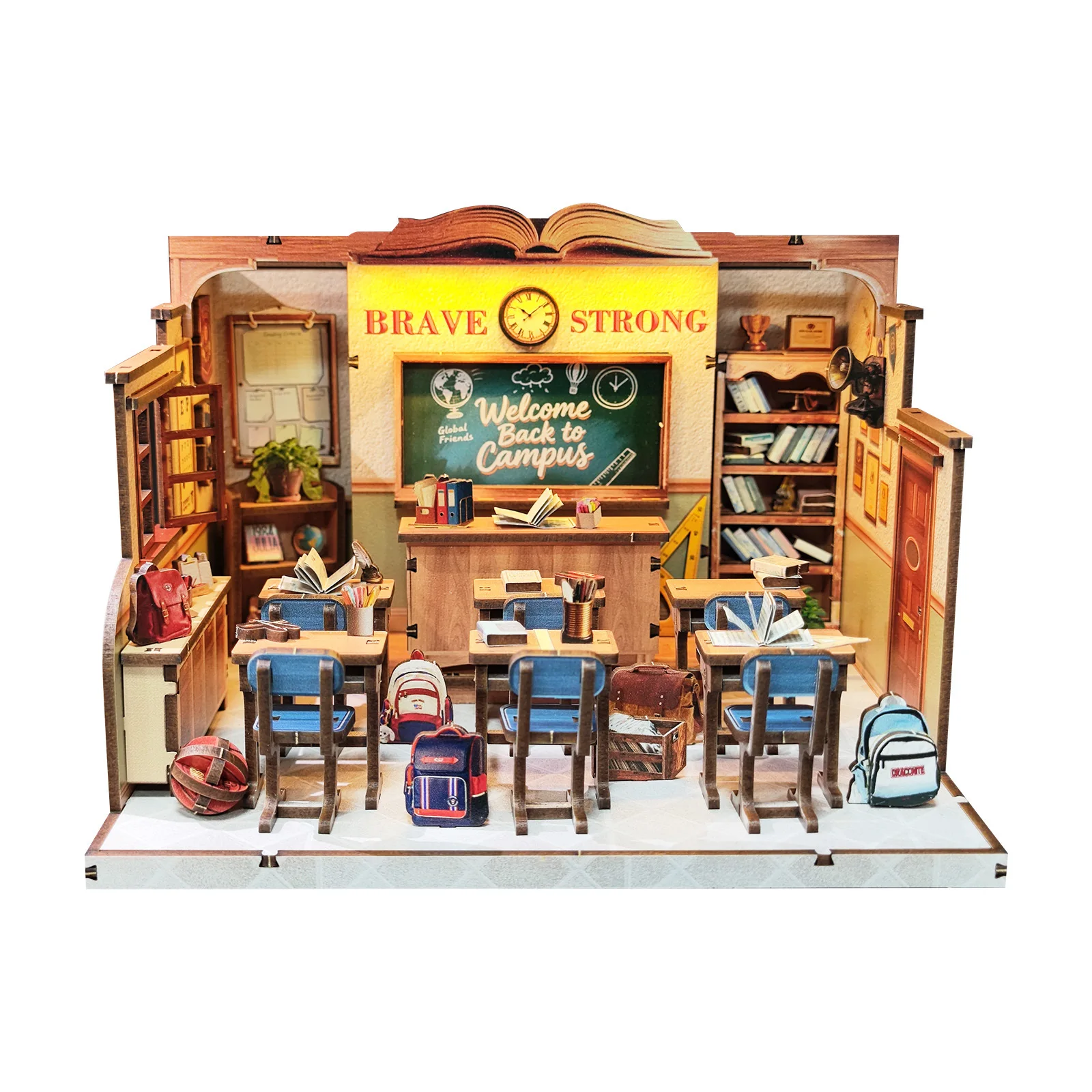 DIY Wooden Dollhouse Miniature Kit - Student Book Nook & Kids Doll House with Wooden Architecture for Creative Building