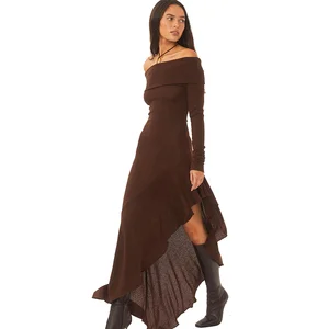 Off the Shoulder Stand Neckline Irregular Ruffles Dress with Long Sleeves for Spring Autumn Cocktail Dinner Parties