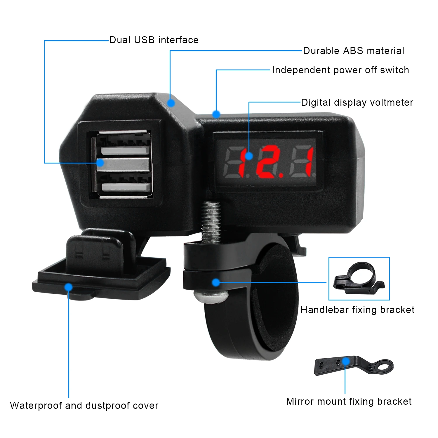 Waterproof & Dustproof  Motorcycle Voltmeter With Double USB Port Fast Charging USB Port For Cell Phone