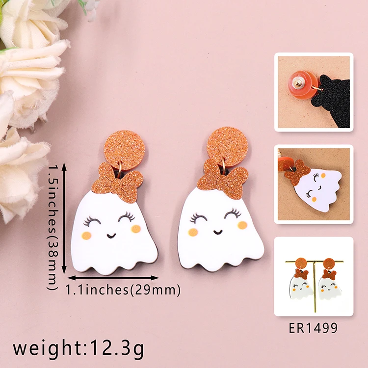 ERS693ER1499 Factory Wholesale Trendy Handmade Acrylic Drop Earrings Cute Orange Ghost with Fine Quality Halloween Parties details