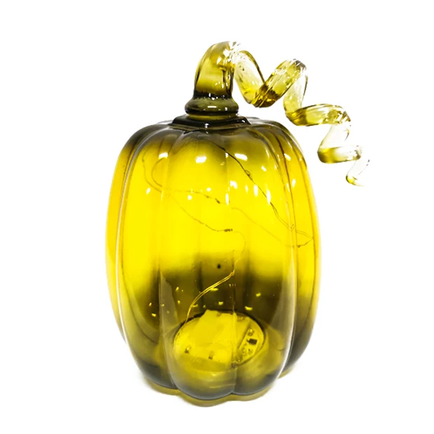 Led light up clear yellow hand blown glass Halloween pumpkin ornament decor for sale details