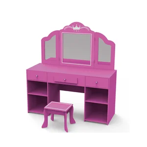 Princess Makeup Table Set with Mirror Wooden Vanity Dress Toy Chair Unisex Furniture Toys for Toddlers and Girls
