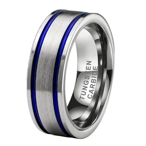 Coolstyle Jewelry  8mm Wholesale Two Lines Flat Blue Tungsten Wedding Band for Men Women Fashion Engagement Finger Rings