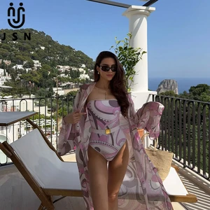 JSN 2026 Customized New Style Strapless One-Piece Swimsuit for Women Chiffon Cardigan Long Sleeves Cover up Elegant Swimwear
