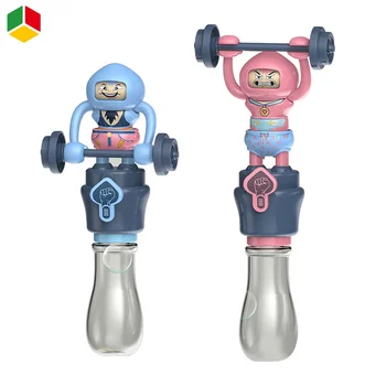 QS Children Plastic Summer Toy 2 in 1 Candy Toy Funny Face-changing Barbell Weightlifting Soap Bubble Blower Toy For Sale