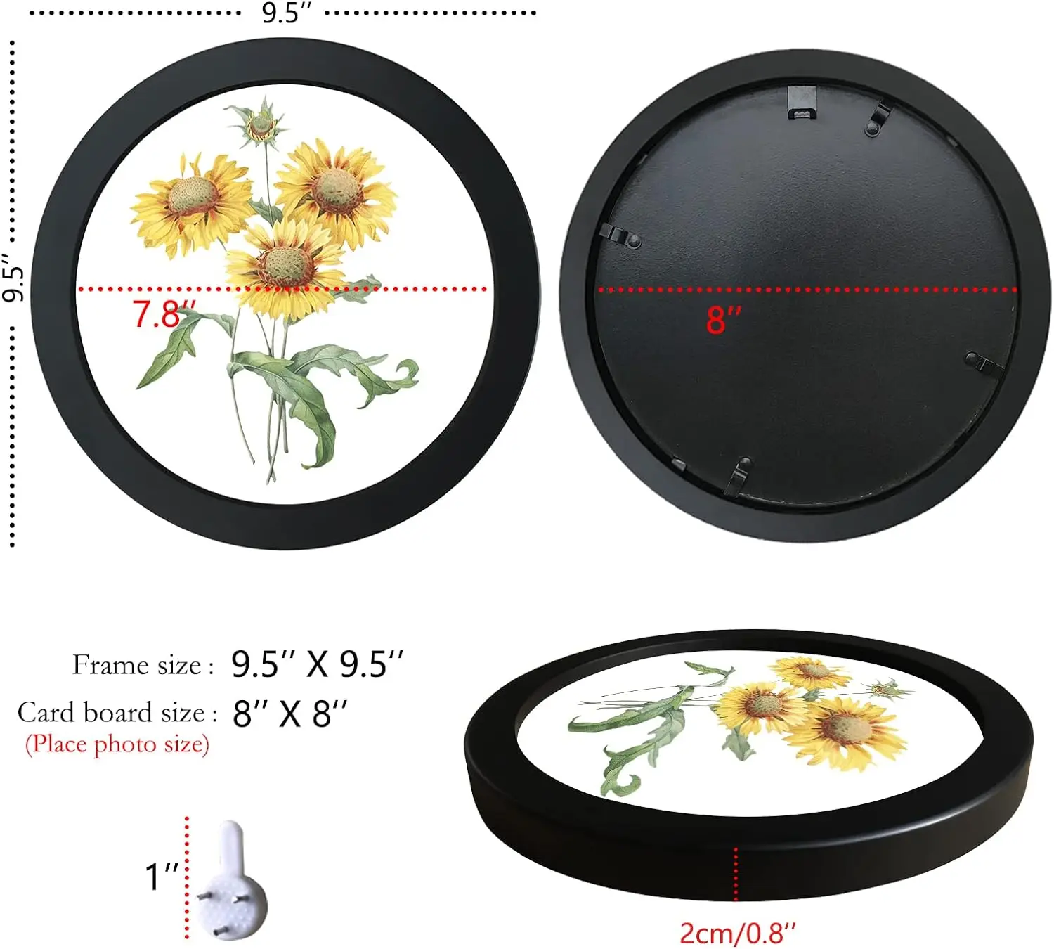 Set Di 3 Cornici Per Foto Rtonde 8 Pollici (20cm) - Nere, In Cartonepressato, Da Tavolo O Parete - 3
