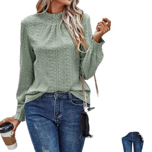 Women's New Arrival Spring Solid Breathable Casual Jacquard Crew Neck Long Sleeve Polyester Blouse